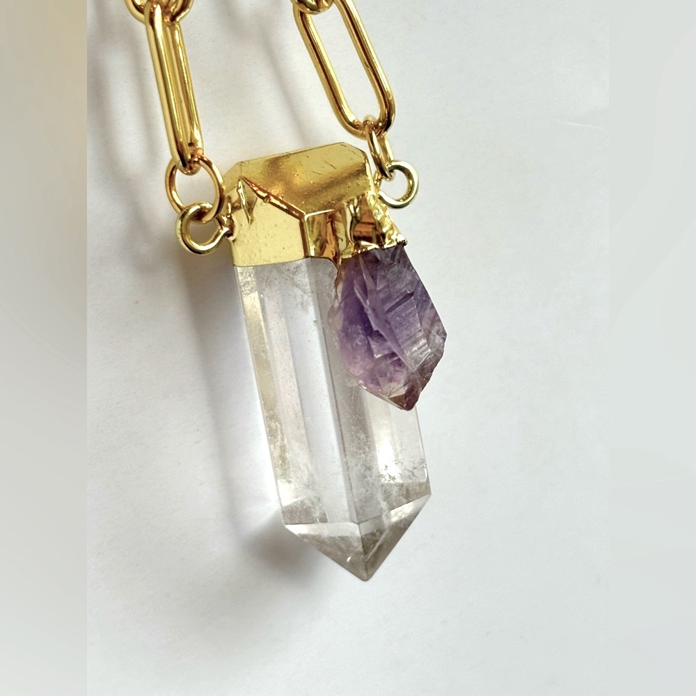 SALE 24k Gold Filled Quartz Point with Amethyst Necklace 19 inches